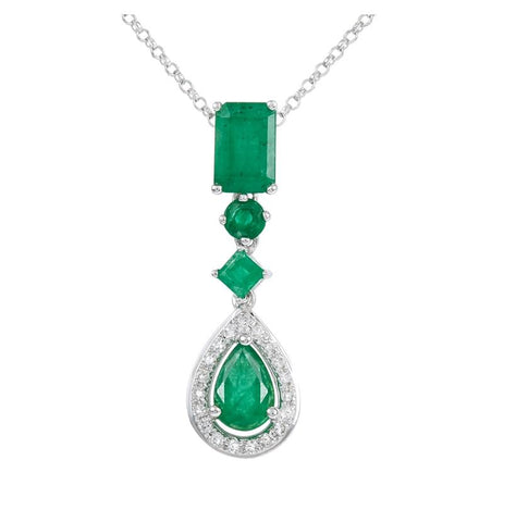 0.07 Ctw Diamond 14k White Gold Emerald Round Shape Womens Gemstone Necklace Pendant With 16 Inch Chain