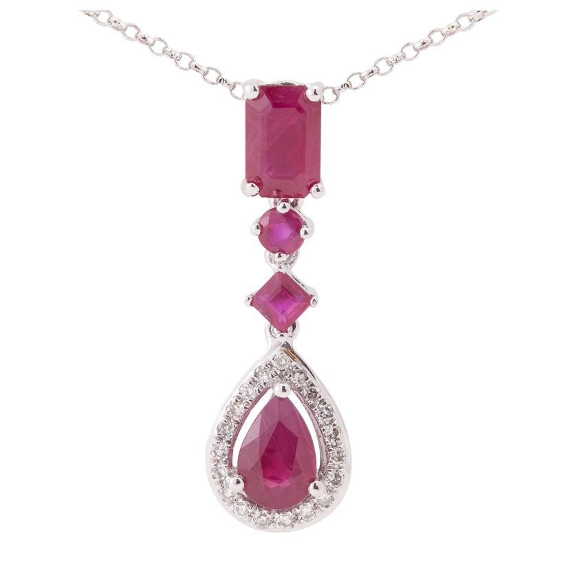 0.07 Ctw Diamond 14k White Gold Ruby Round Shape Womens Gemstone Necklace Pendant With 16 Inch Chain