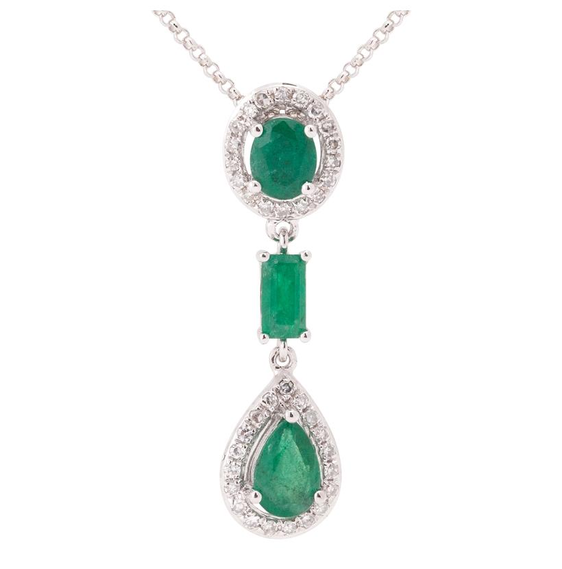 0.14 Ctw Diamond 14k White Gold Emerald Round Shape Womens Gemstone Necklace Pendant With 16 Inch Chain