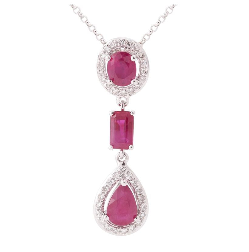 0.14 Ctw Diamond 14k White Gold Ruby Round Shape Womens Gemstone Necklace Pendant With 16 Inch Chain