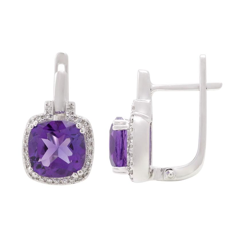 0.17 Ctw Diamond 14k White Gold Amethyst Round Shape Womens Gemstone Earrings