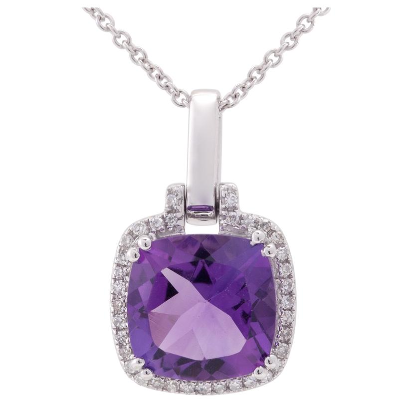 0.11 Ctw Diamond 14k White Gold Amethyst Round Shape Womens Gemstone Necklace Pendant With 16 Inch Chain