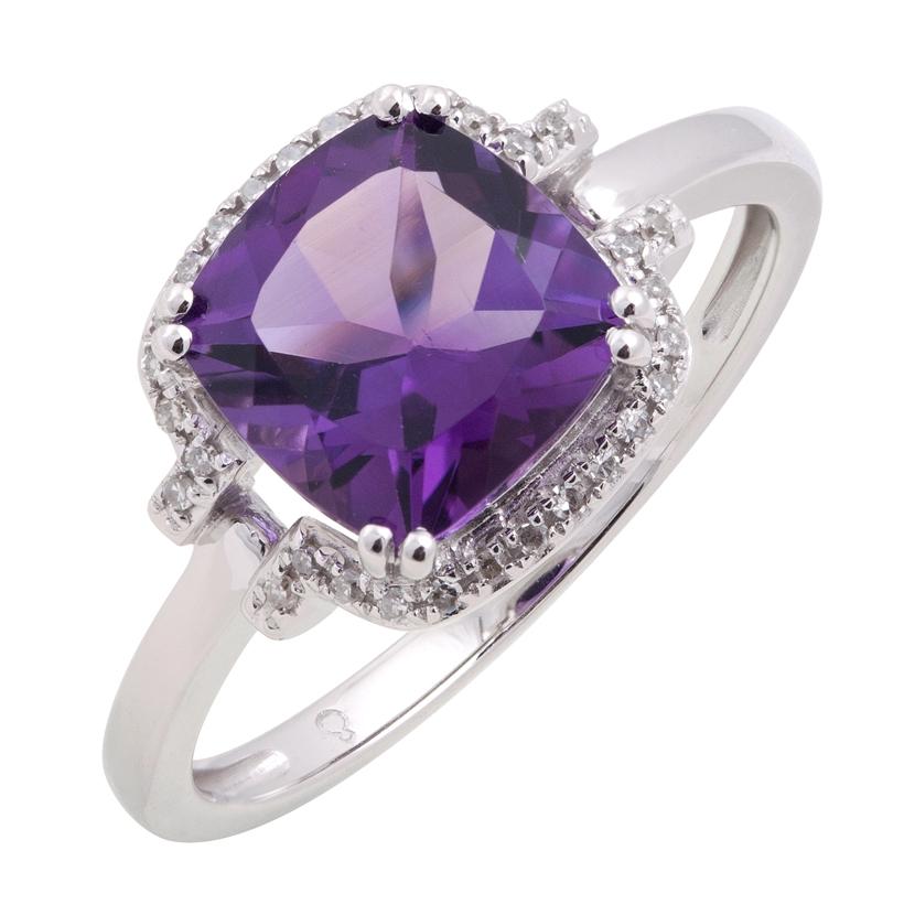 0.1 Ctw Diamond 14k White Gold Amethyst Round Shape Womens Gemstone Ring