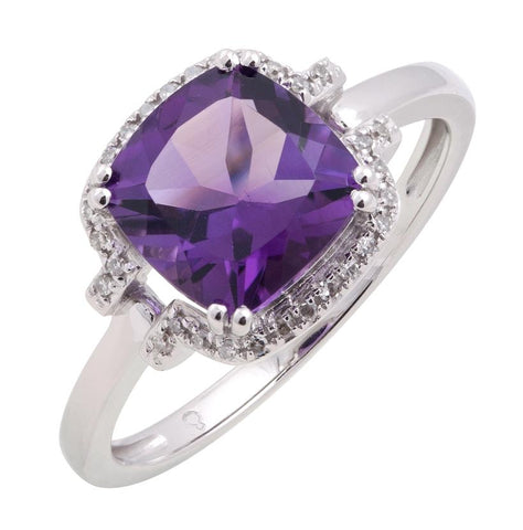 0.1 Ctw Diamond 14k White Gold Amethyst Round Shape Womens Gemstone Ring