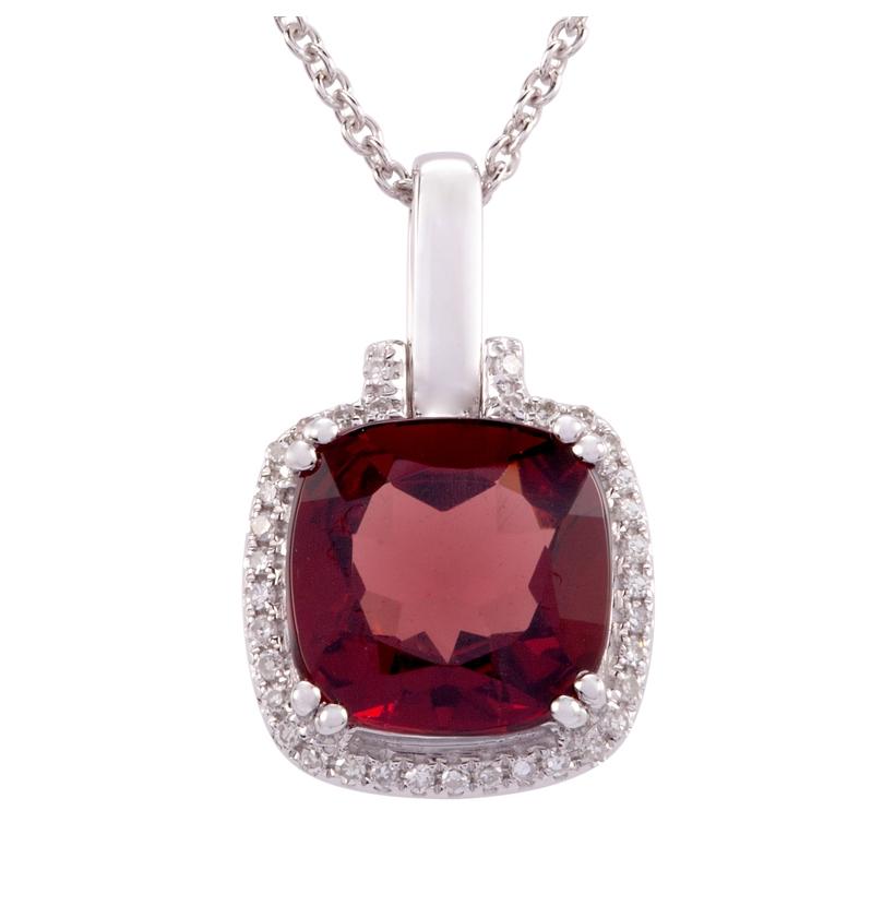 0.11 Ctw Diamond 14k White Gold Garnet Round Shape Womens Gemstone Necklace Pendant With 16 Inch Chain