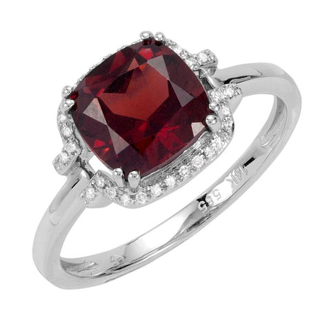 0.1 Ctw Diamond 14k White Gold Garnet Round Shape Womens Gemstone Ring