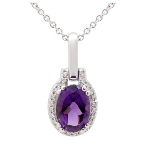 0.07 Ctw Diamond 14k White Gold Amethyst Round Shape Womens Gemstone Necklace Pendant With 16 Inch Chain