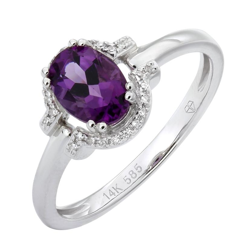 0.07 Ctw Diamond 14k White Gold Amethyst Round Shape Womens Gemstone Ring