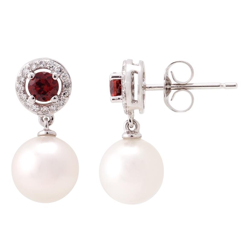 0.14 Ctw Diamond 14k White Gold Garnet Pearl Earrings