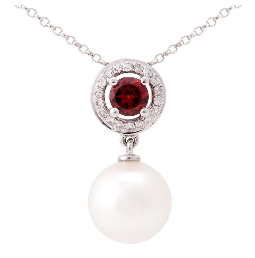 0.08 Ctw Diamond 14k White Gold Garnet Pearl Necklace Pendant With 16 Inch Chain