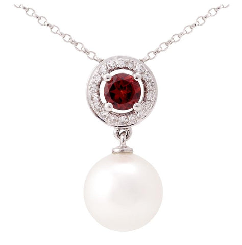 0.08 Ctw Diamond 14k White Gold Garnet Pearl Necklace Pendant With 16 Inch Chain