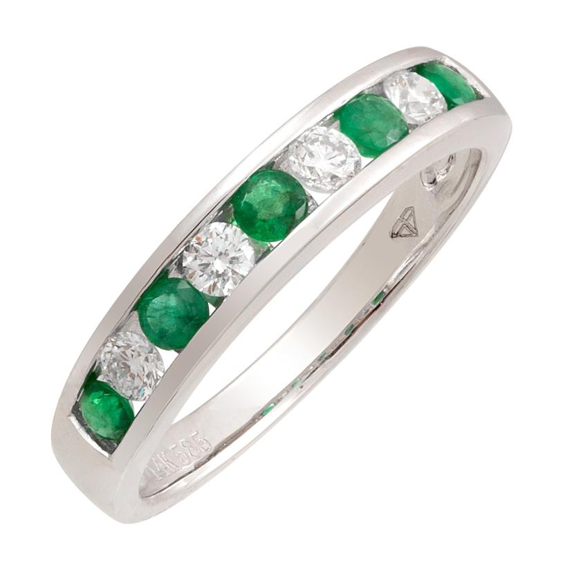 0.27 Ctw Diamond 14k White Gold Emerald Round Shape Womens Gemstone Ring