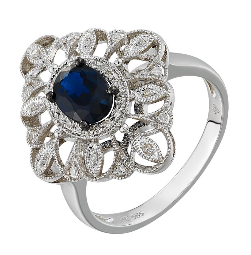 0.1 Ctw Diamond 14k White Gold Sapphire Round Shape Womens Gemstone Ring