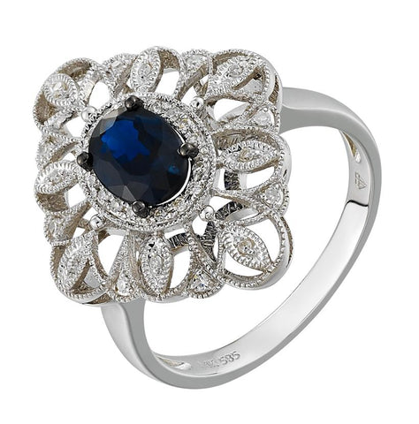 0.1 Ctw Diamond 14k White Gold Sapphire Round Shape Womens Gemstone Ring