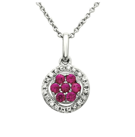 0.09 Ctw Diamond 14k White Gold Ruby Round Shape Womens Gemstone Necklace Pendant With 16 Inch Chain