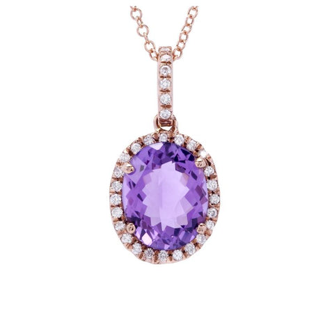 0.15 Ctw Diamond 14k Rose Gold Amethyst Round Shape Womens Gemstone Necklace Pendant With 16 Inch Chain