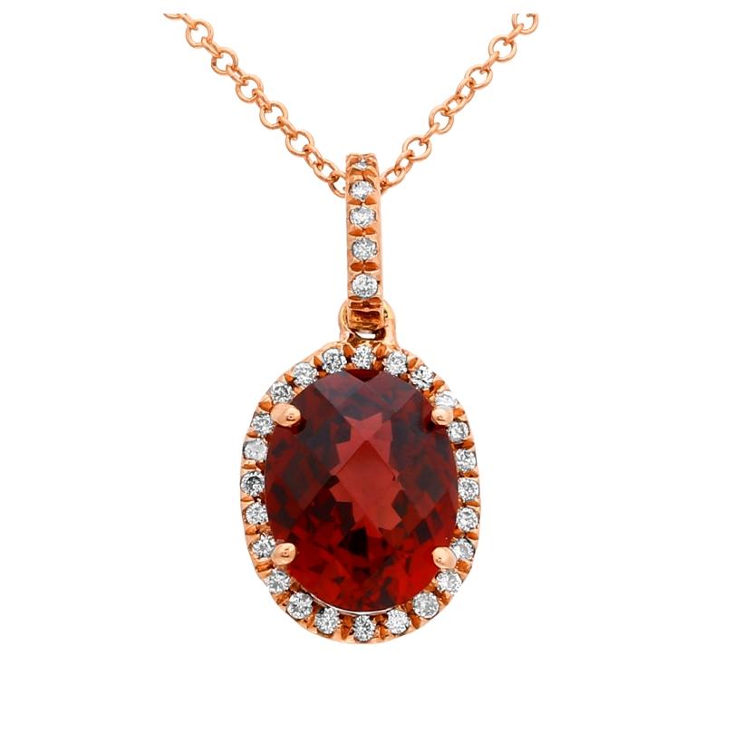 0.15 Ctw Diamond 14k Rose Gold Garnet Round Shape Womens Gemstone Necklace Pendant With 16 Inch Chain