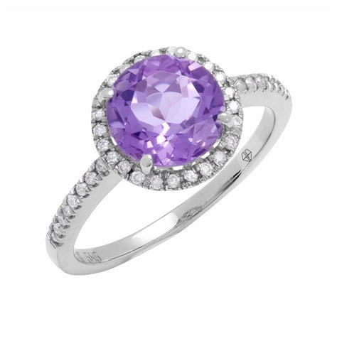 0.15 Ctw Diamond 14k White Gold Amethyst Round Shape Womens Gemstone Ring