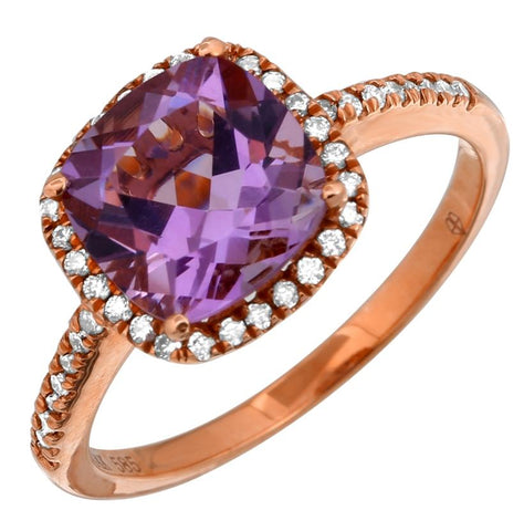 0.17 Ctw Diamond 14k Rose Gold Amethyst Round Shape Womens Gemstone Ring