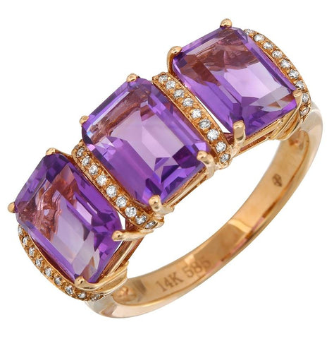 0.1 Ctw Diamond 14k Rose Gold Amethyst Round Shape Womens Gemstone Ring
