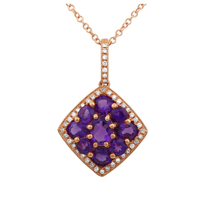 0.13 Ctw Diamond 14k Rose Gold Amethyst Round Shape Womens Gemstone Necklace Pendant With 16 Inch Chain