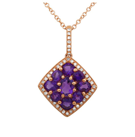 0.13 Ctw Diamond 14k Rose Gold Amethyst Round Shape Womens Gemstone Necklace Pendant With 16 Inch Chain