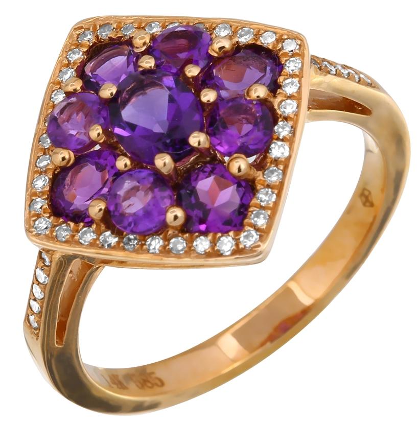 0.13 Ctw Diamond 14k Rose Gold Amethyst Round Shape Womens Gemstone Ring