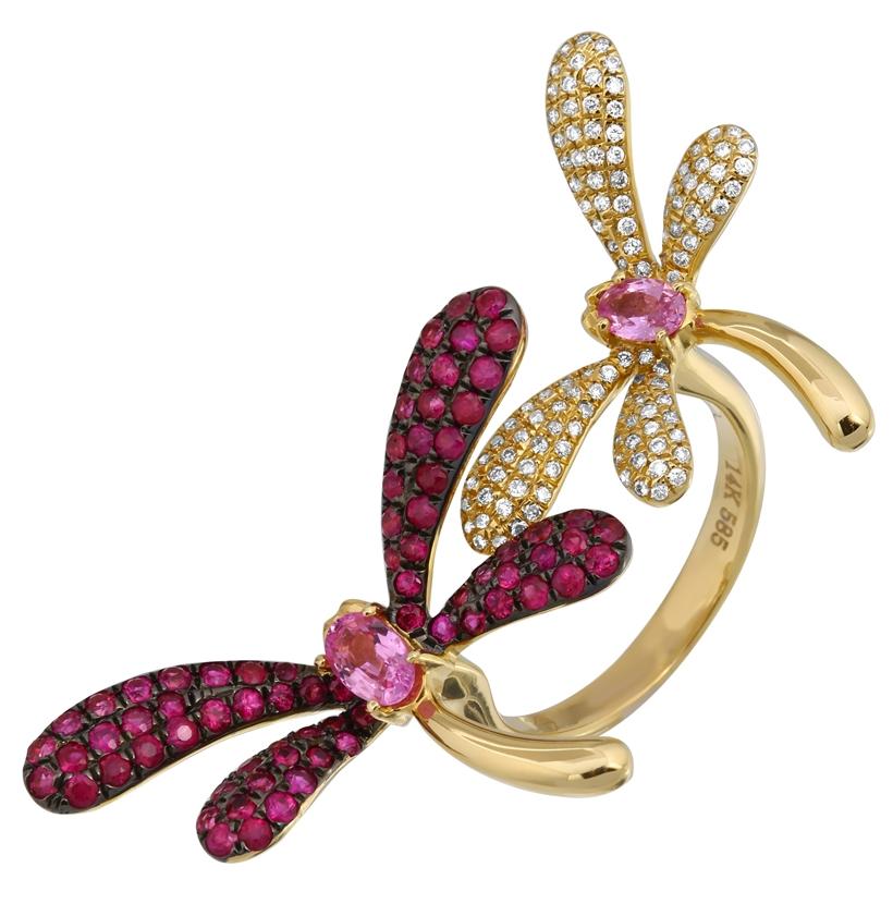0.28 Ctw Diamond 14k Yellow Gold Ruby Sapphire Round Shape Womens Gemstone Ring