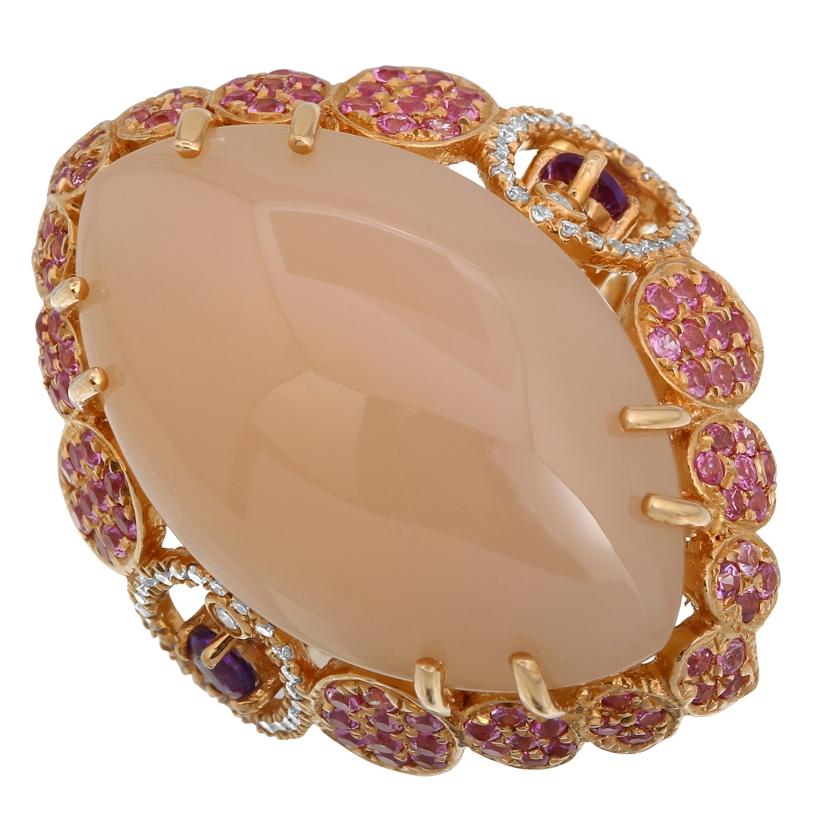 0.19 Ctw Diamond 14k Rose Gold Sapphire Amethyst Chalcedony Round Shape Womens Gemstone Ring