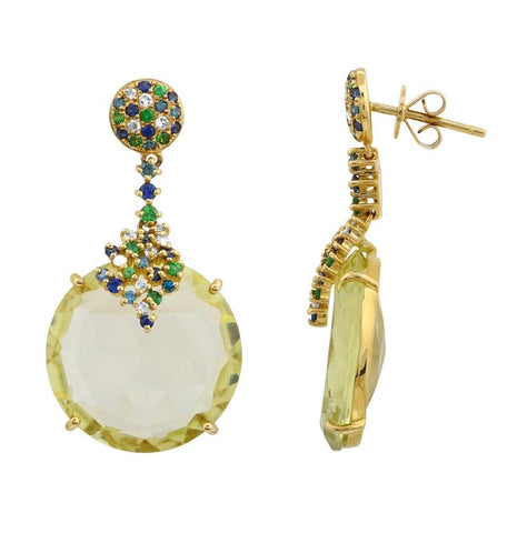 0.53 Ctw Diamond 14k Yellow Gold Sapphire Topaz Tsavorite Round Shape Womens Gemstone Earrings