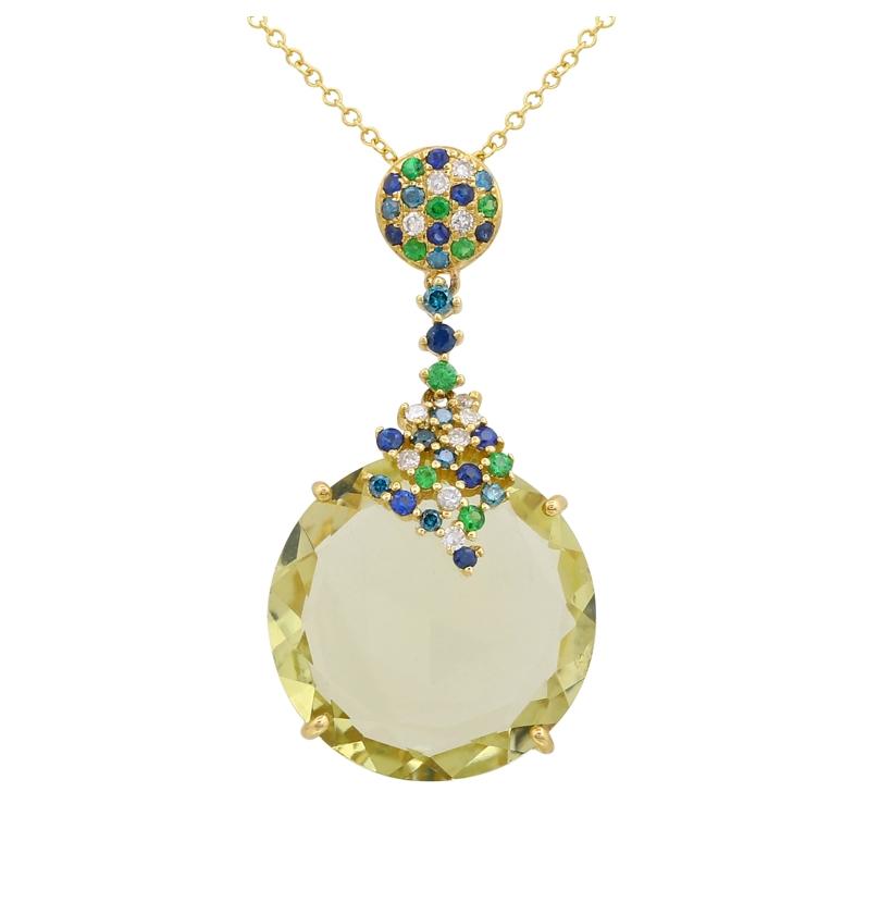 0.26 Ctw Diamond 14k Yellow Gold Sapphire Topaz Tsavorite Round Shape Womens Gemstone Necklace Pendant With 16 Inch Chain