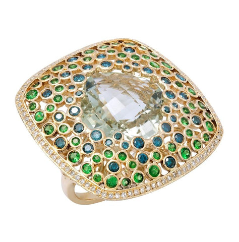 1.12 Ctw Diamond 14k Yellow Gold Tsavorite Amethyst Round Shape Womens Gemstone Ring