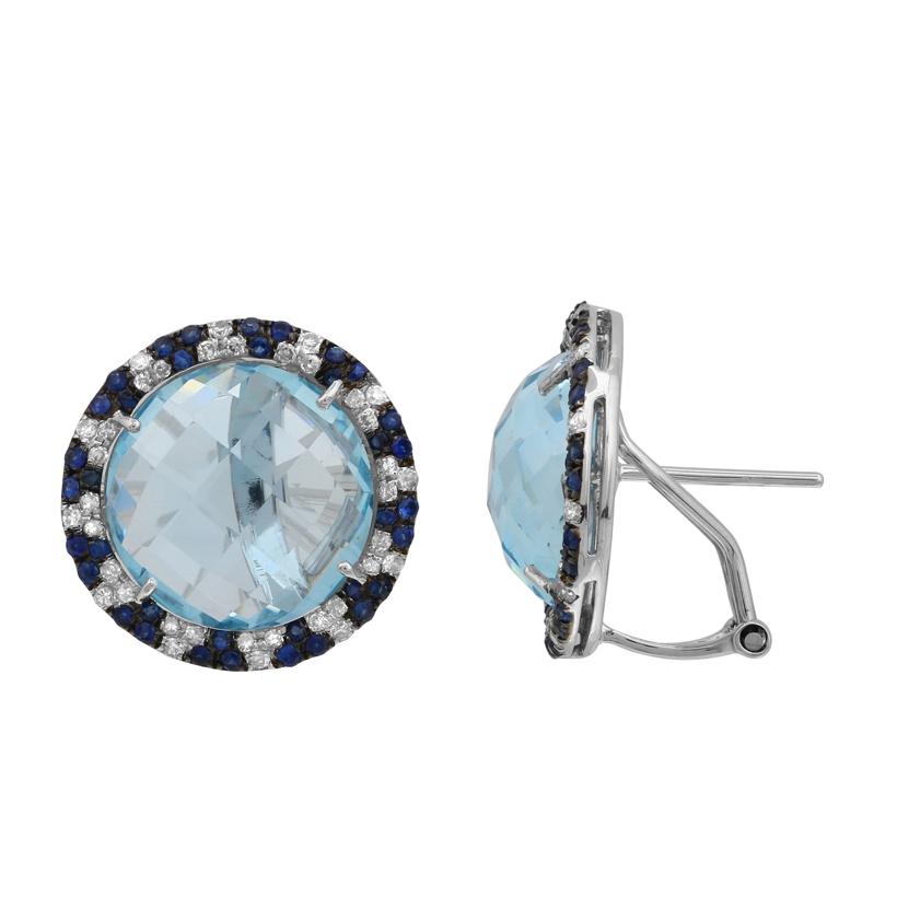 0.44 Ctw Diamond 14k White Gold Sapphire Topaz Round Shape Womens Gemstone Earrings