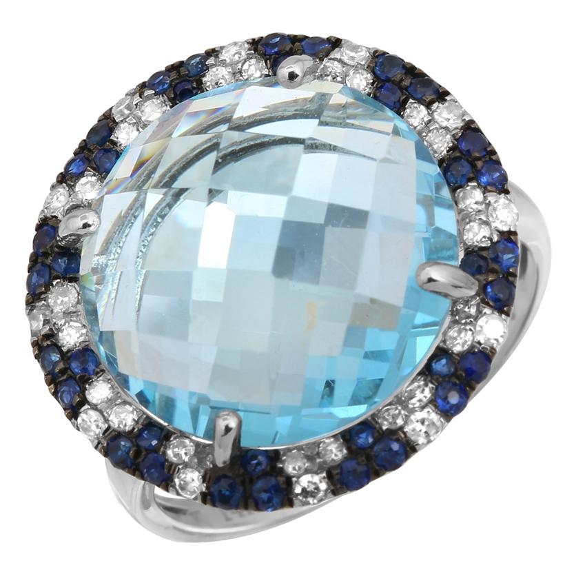 0.22 Ctw Diamond 14k White Gold Sapphire Topaz Round Shape Womens Gemstone Ring