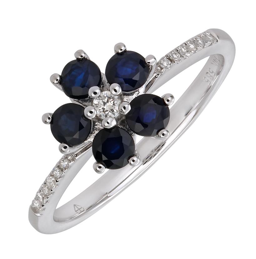 0.08 Ctw Diamond 14k White Gold Sapphire Round Shape Womens Gemstone Ring