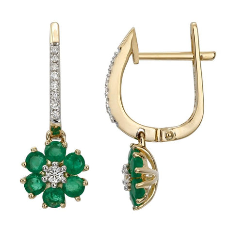 0.13 Ctw Diamond 14k Yellow Gold Emerald Round Shape Womens Gemstone Earrings