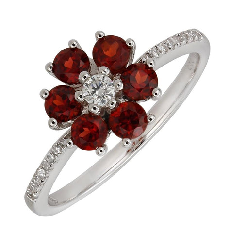 0.13 Ctw Diamond 14k White Gold Garnet Round Shape Womens Gemstone Ring