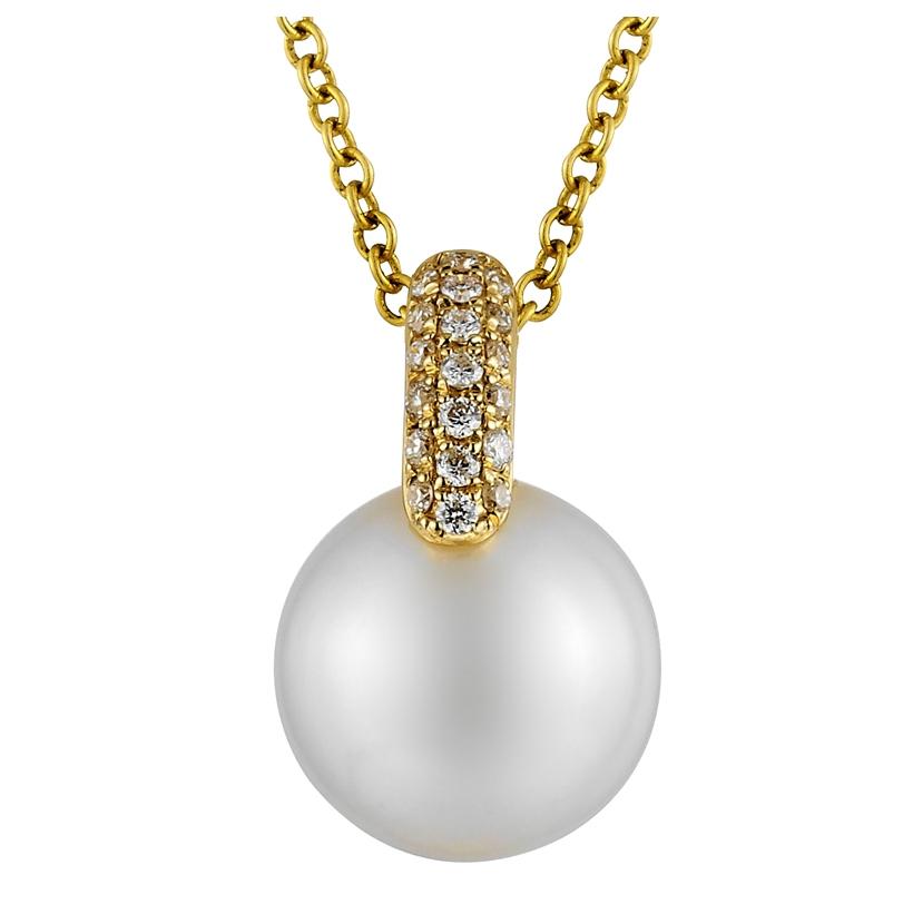 0.07 Ctw Diamond 14k Yellow Gold Pearl Necklace Pendant With 16 Inch Chain