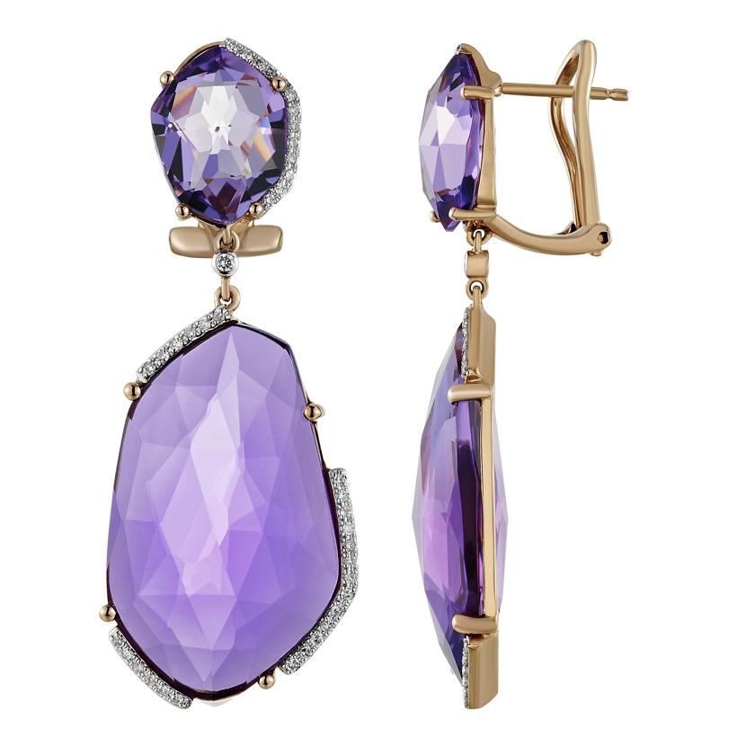 0.22 Ctw Diamond 14k Rose Gold Amethyst Round Shape Womens Gemstone Earrings