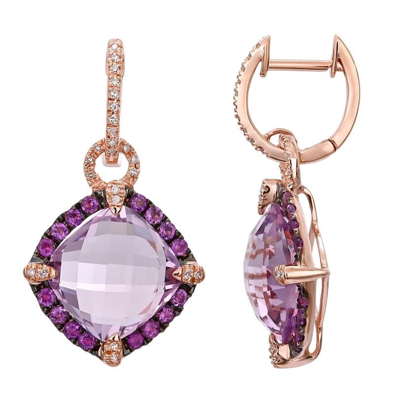 0.14 Ctw Diamond 14k Rose Gold Amethyst Round Shape Womens Gemstone Earrings