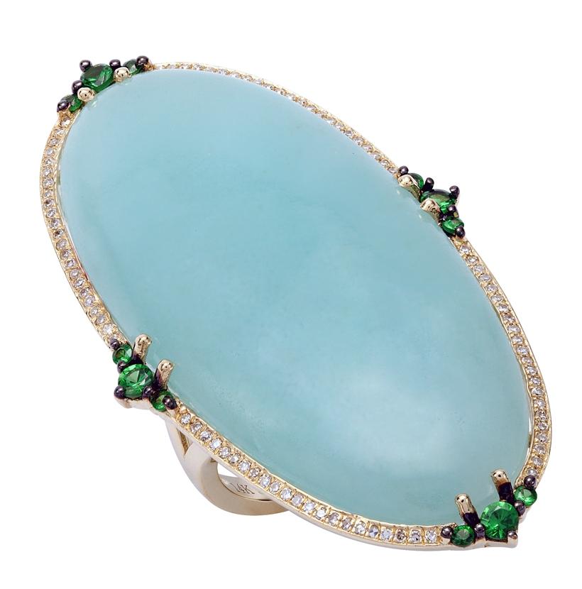 0.24 Ctw Diamond 14k Yellow Gold Tsavorite Amazonite Round Shape Womens Gemstone Ring
