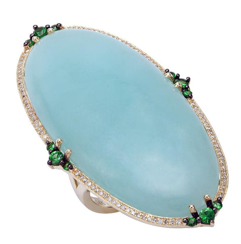 0.24 Ctw Diamond 14k Yellow Gold Tsavorite Amazonite Round Shape Womens Gemstone Ring