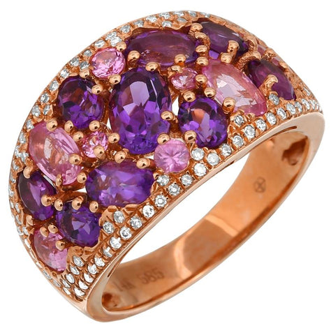 0.27 Ctw Diamond 14k Rose Gold Sapphire Amethyst Round Shape Womens Gemstone Ring