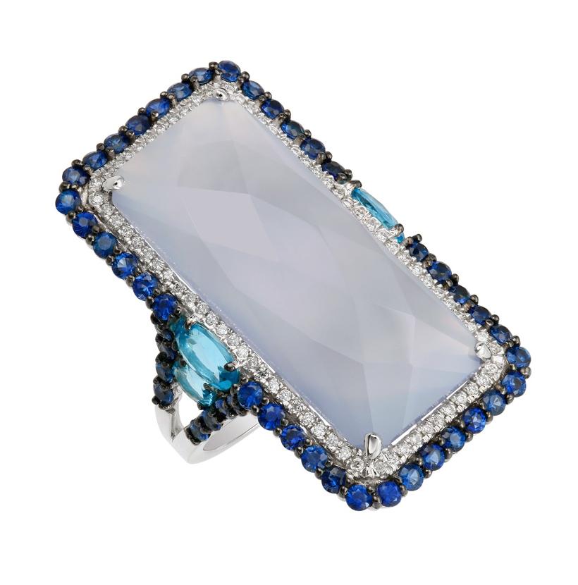 0.22 Ctw Diamond 14k White Gold Chalcedony Sapphire Topaz Round Shape Womens Gemstone Ring