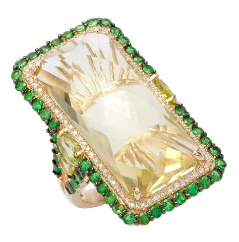 0.21 Ctw Diamond 14k Yellow Gold Peridot Tsavorite Topaz Round Shape Womens Gemstone Ring