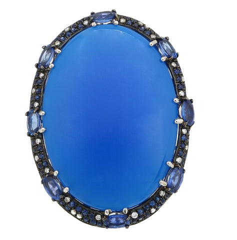 0.17 Ctw Diamond 14k White Gold Sapphire Agate Round Shape Womens Gemstone Ring