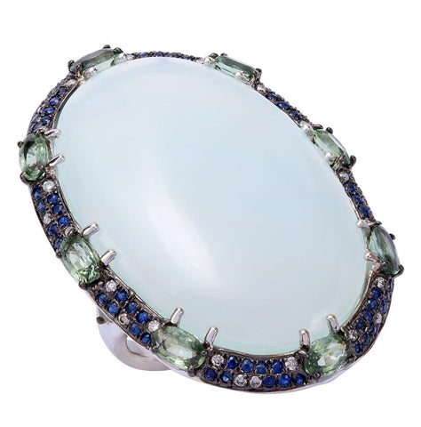 0.16 Ctw Diamond 14k White Gold Sapphire Agate Round Shape Womens Gemstone Ring
