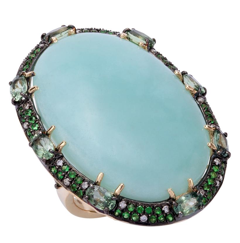 0.16 Ctw Diamond 14k Yellow Gold Tsavorite Sapphire Amazonite Round Shape Womens Gemstone Ring