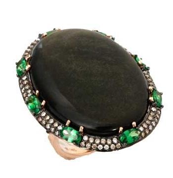 0.59 Ctw Diamond 14k Rose Gold Tsavorite Obsidian Round Shape Womens Gemstone Ring