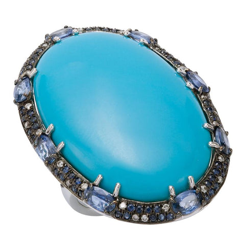 0.16 Ctw Diamond 14k White Gold Sapphire Turquoise Round Shape Womens Gemstone Ring
